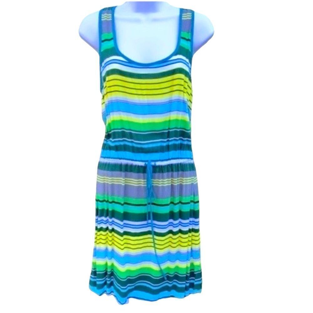 Banana Republic Striped Midi Dress Blue, Green, Yellow Small